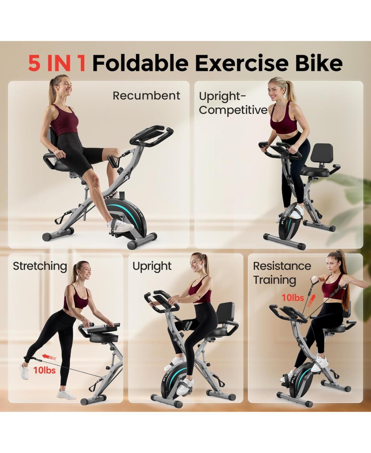 Fed Fitness 5-in-1 Magnetic Folding Exercise X-Bike, 6.6LB Flywheel, 330LB Weight Capacity, Back Support Cushion, Lcd Monitor and Resistance Bands