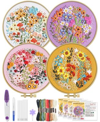 4 Sets Embroidery Kit Beginners Hummingbird Flower Cross Cloth Hoops Threads