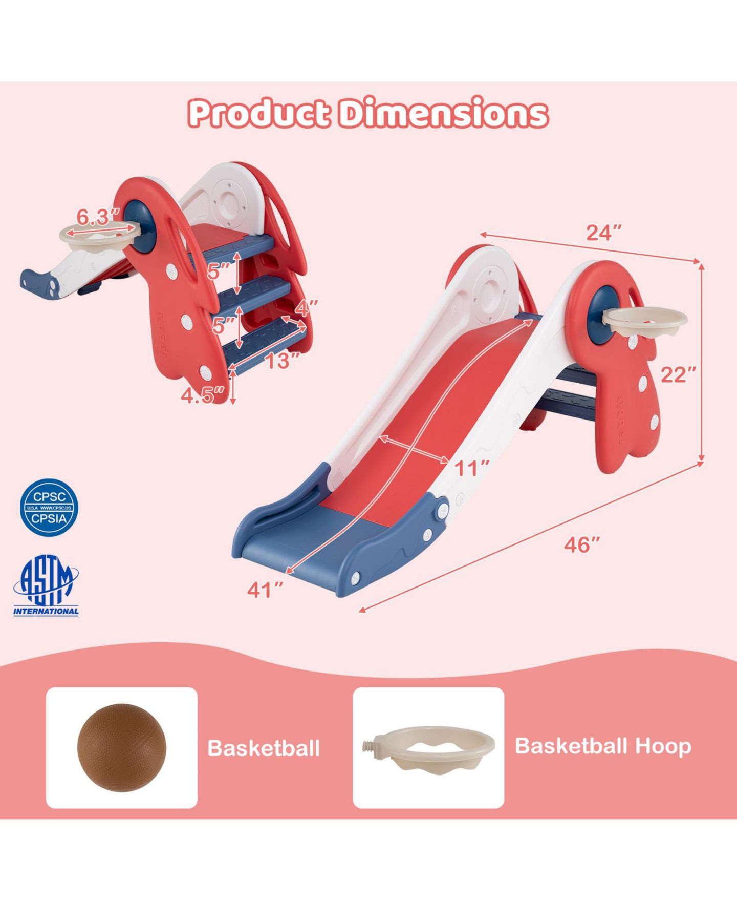 Детские игрушки Mecale 3-in-1 Toddler Slide and Climber Set with Basketball Hoop and Ball, цвет: Красный — фото 4