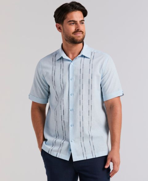Мужская рубашка Cubavera Dobby Panels Linen-Blend, цвет: Аквамариновый