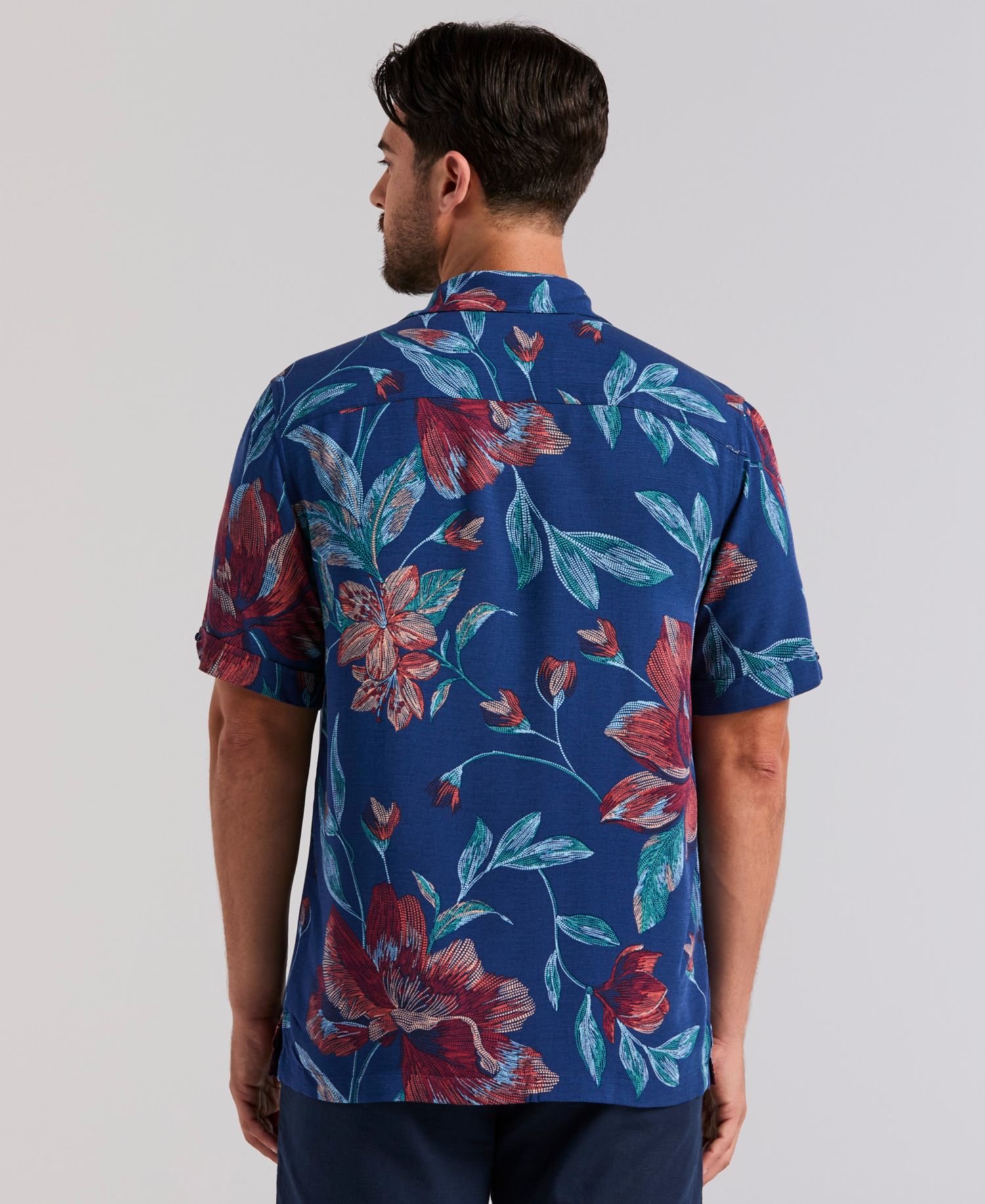 Men's Short-Sleeve Pointilism Floral Print Shirt