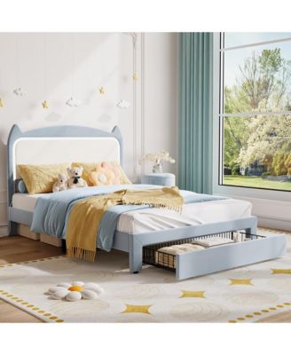 Kids Bed Frame with Cat Headboard, Upholstered Princess Bed Frame with Sturdy Wood Slats Support, No Box Spring Needed