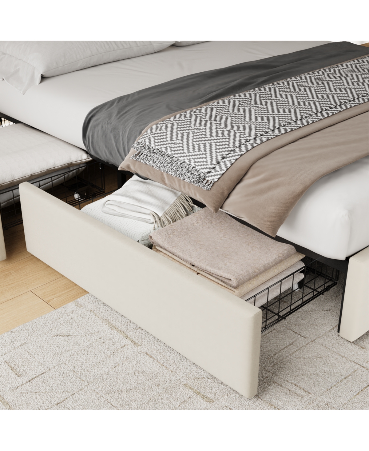 Velvetpholst Uered Platform Bed with 4 Drawers - Vertical Channel Tufted Headboard, Storage Bed Frame, Wood, No Slats Spring, Modern Design Box