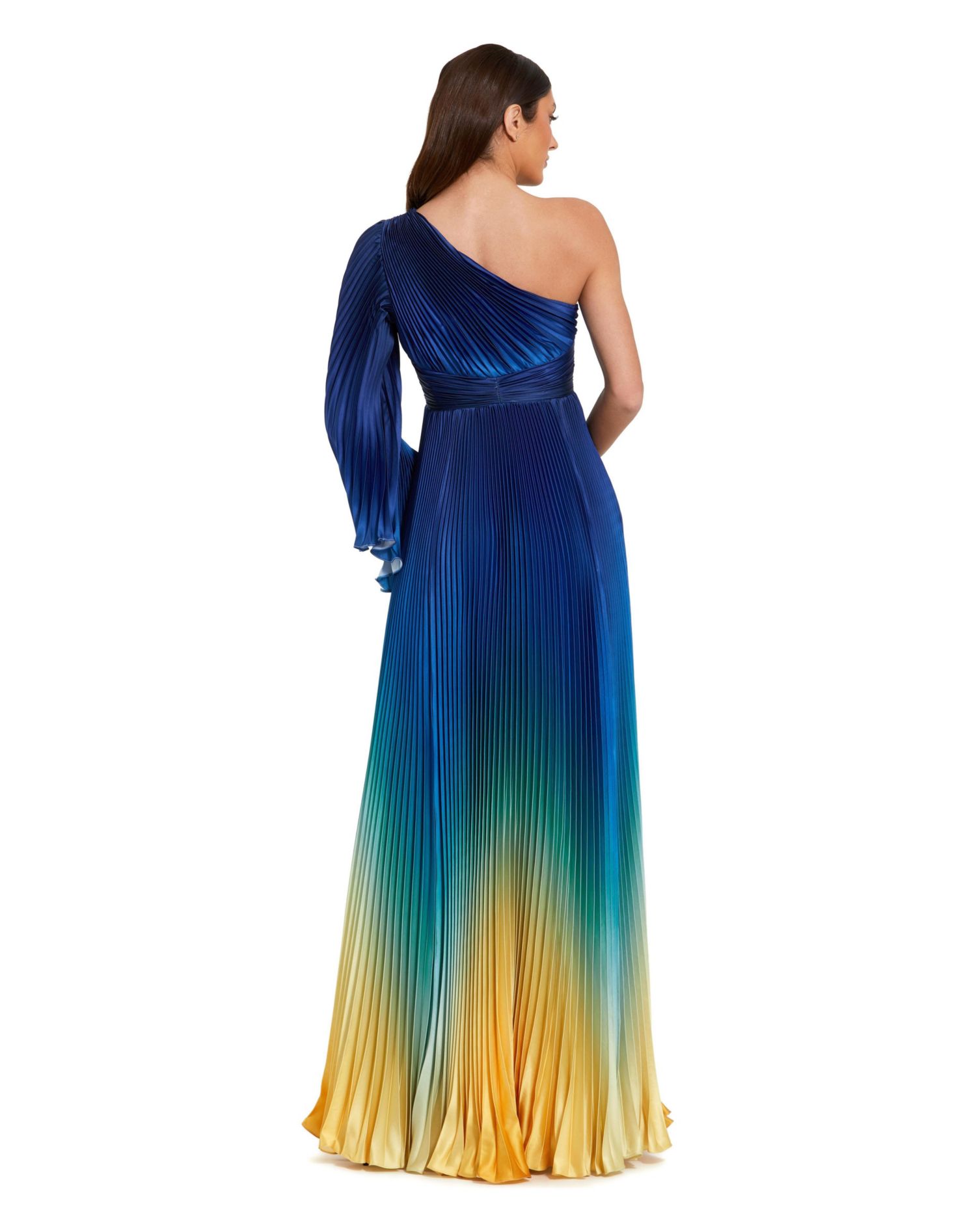 Petite Pleated Charmeuse One-Shoulder Flare Sleeve Gown