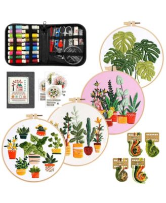 4 Pack Embroidery Kit Beginners Plant Patterns Canvas Hoops DIY Gift