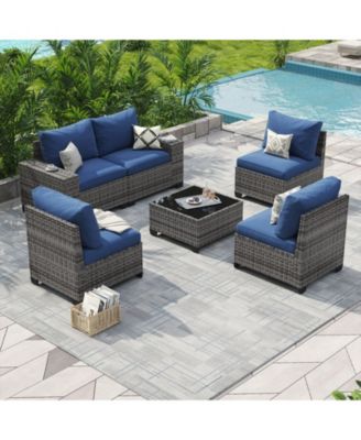 6-Piece Wicker Outdoor Sectional Sofa Set with Cushions and Glass-Top Coffee Table