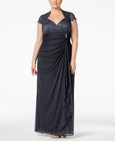 Betsy & Adam Plus Size Sequined Lace Draped Gown