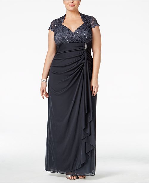 Betsy & Adam Plus Size Sequined Lace Draped Gown - Dresses - Women - Macy's
