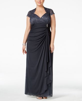 Betsy & Adam Plus Size Sequined Lace Draped Gown - Macy's