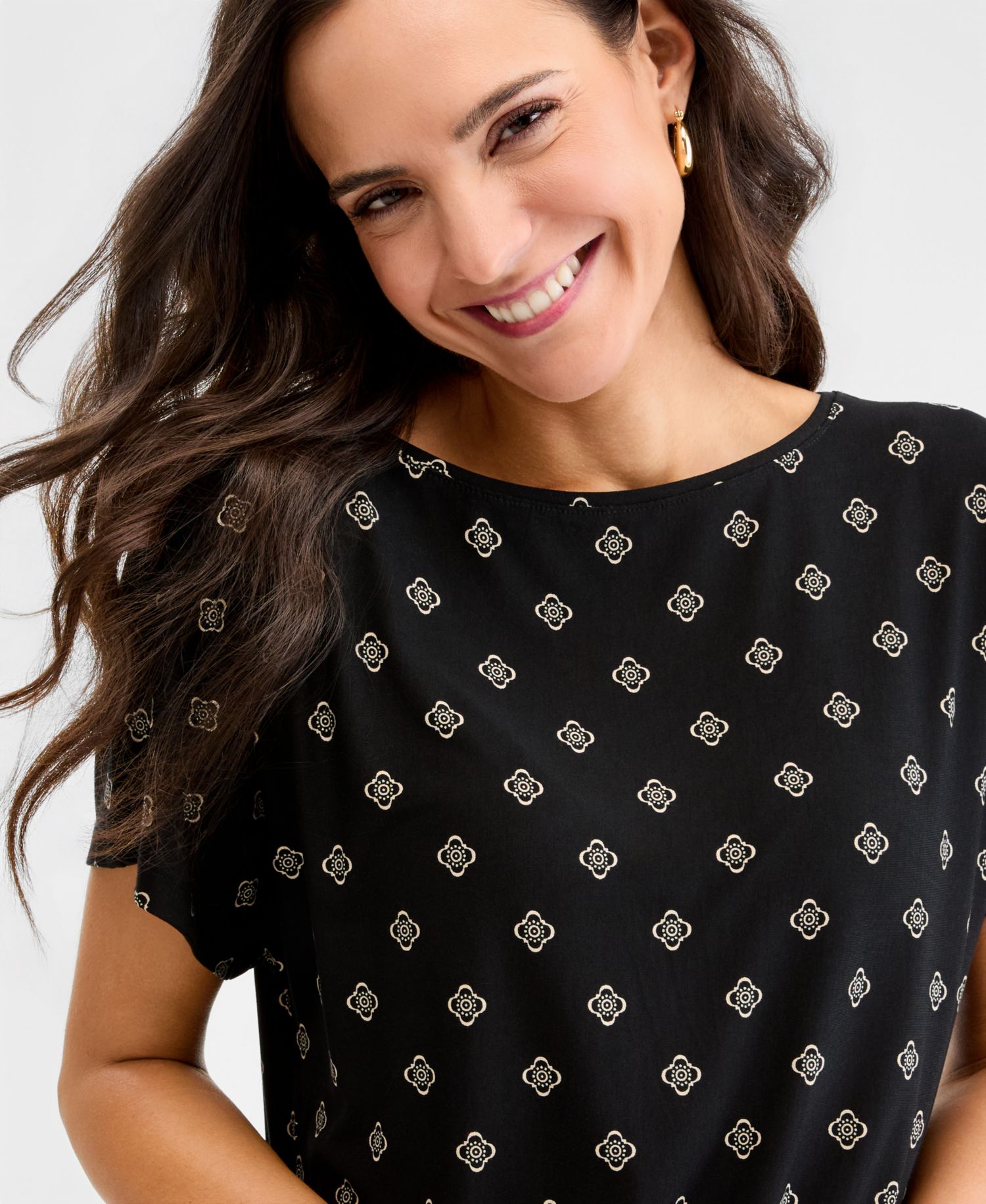 Women's Printed Boatneck Banded-Bottom Knit Top