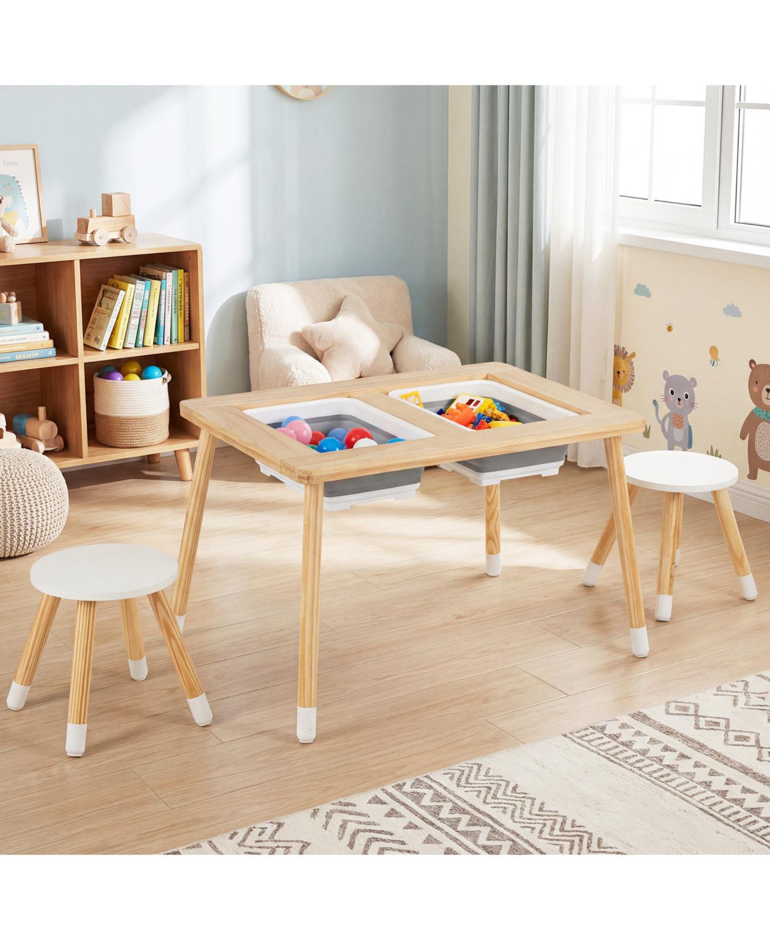 Wooden Kids Activity Table with Double-Sided Boards and Stools