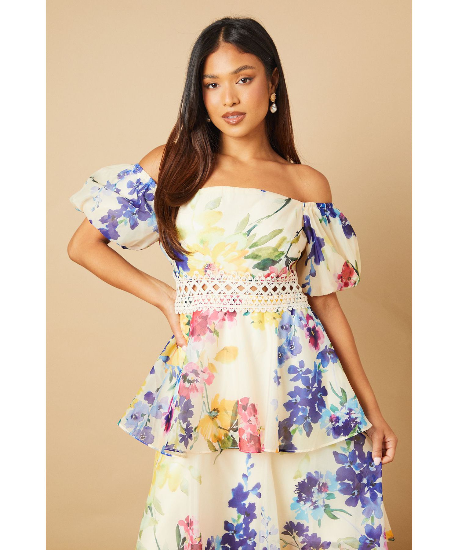 Women's Floral Bardot Midi Dress
