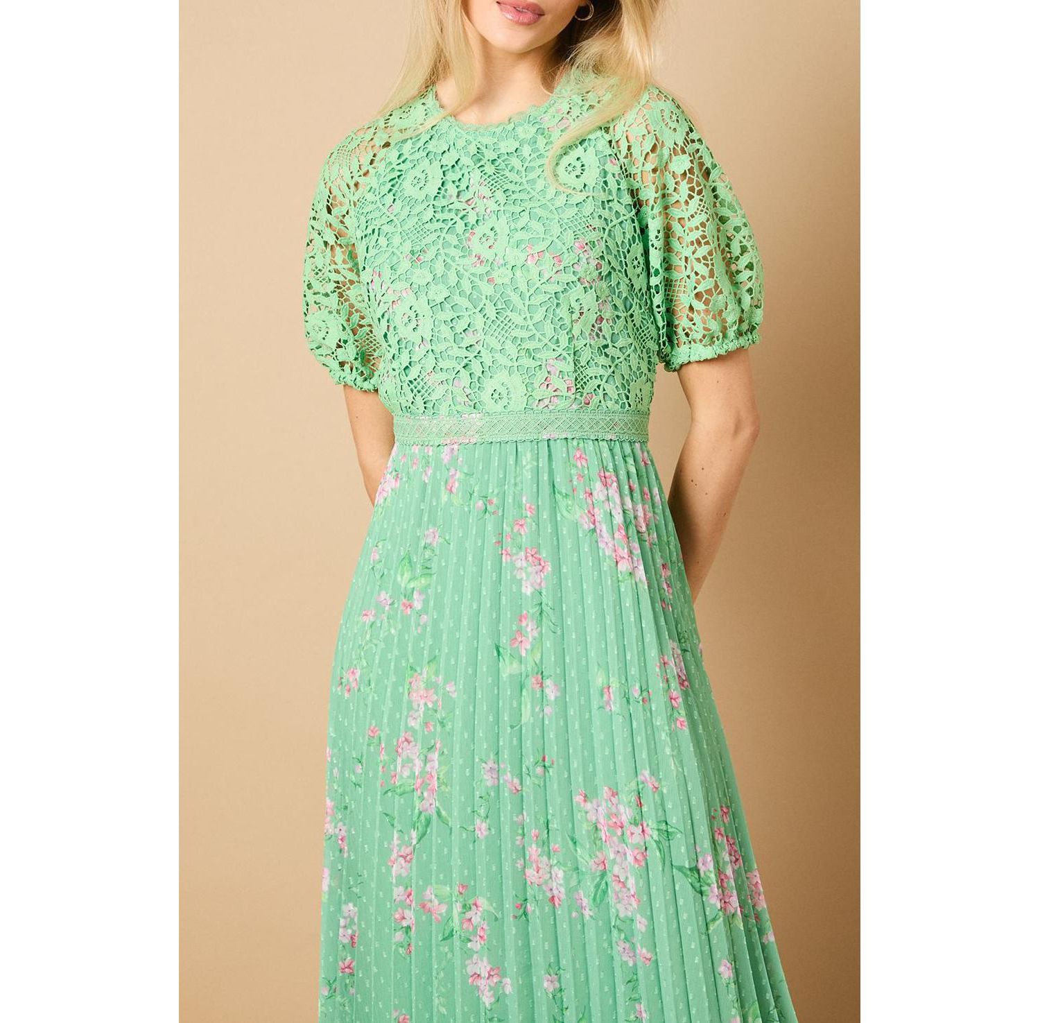 Women's Floral Lace Bodice Pleated Midi Dress