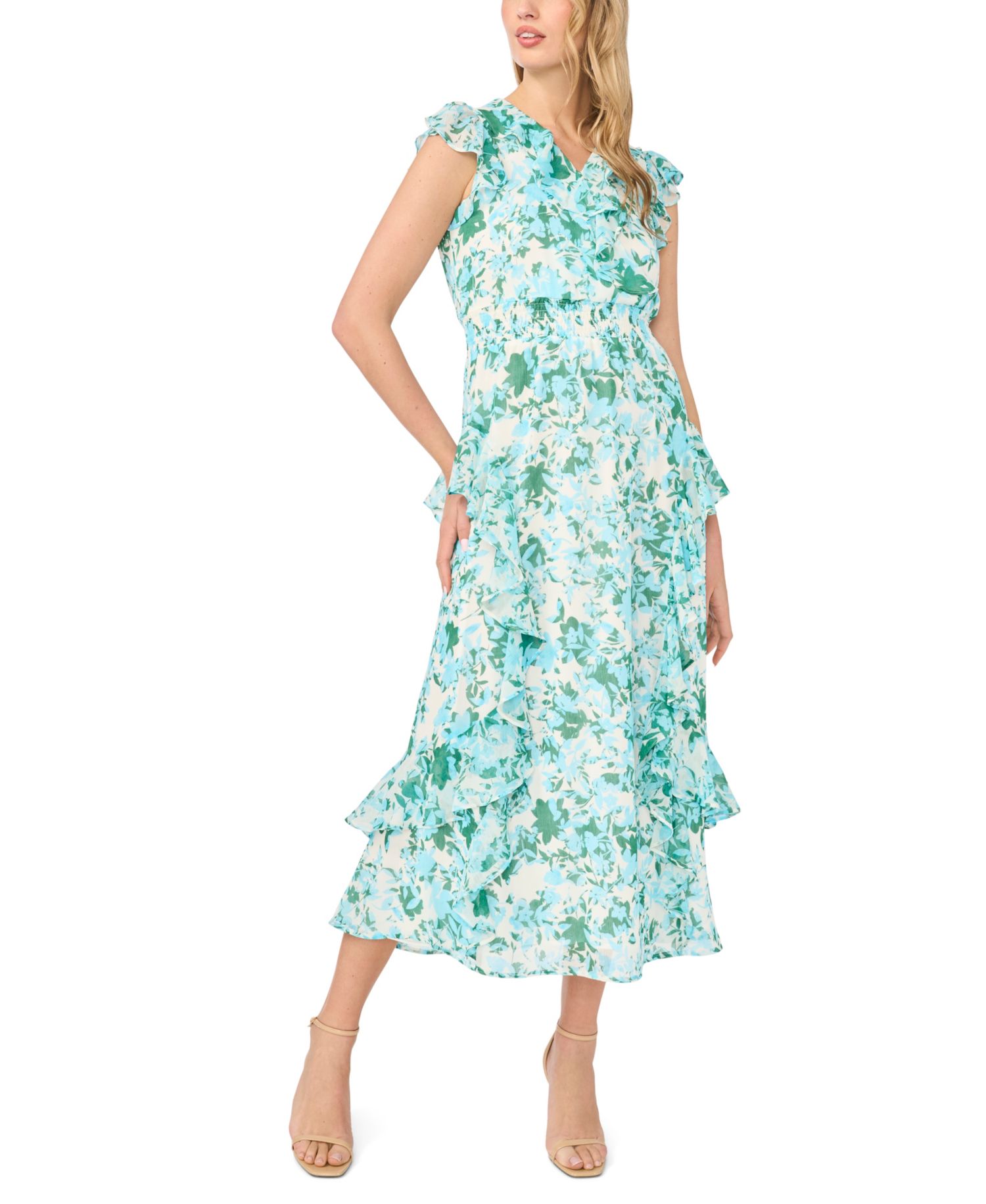 Women's Printed Ruffle Wrap Midi Dress