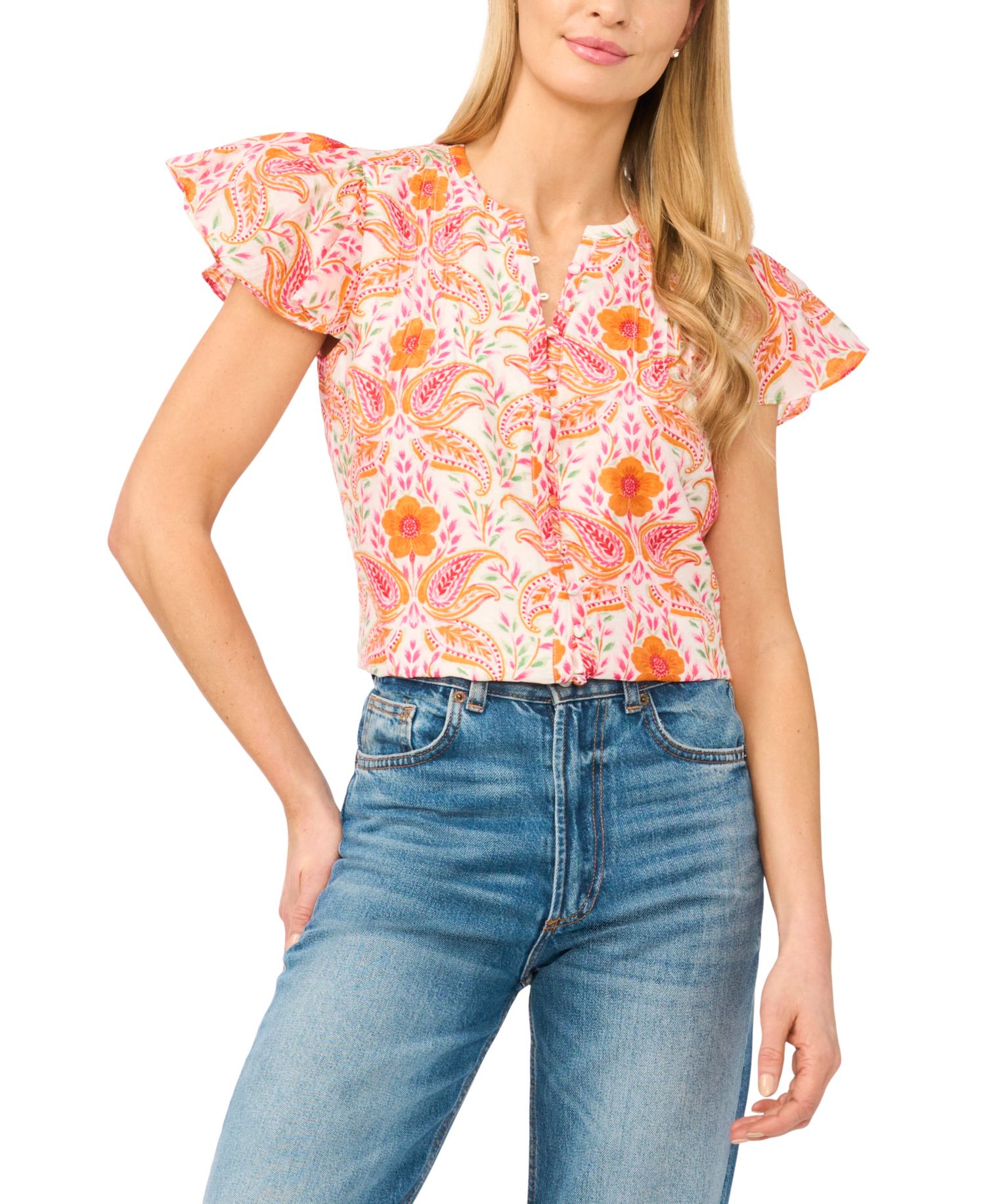 Women's Flutter-Sleeve Printed Blouse