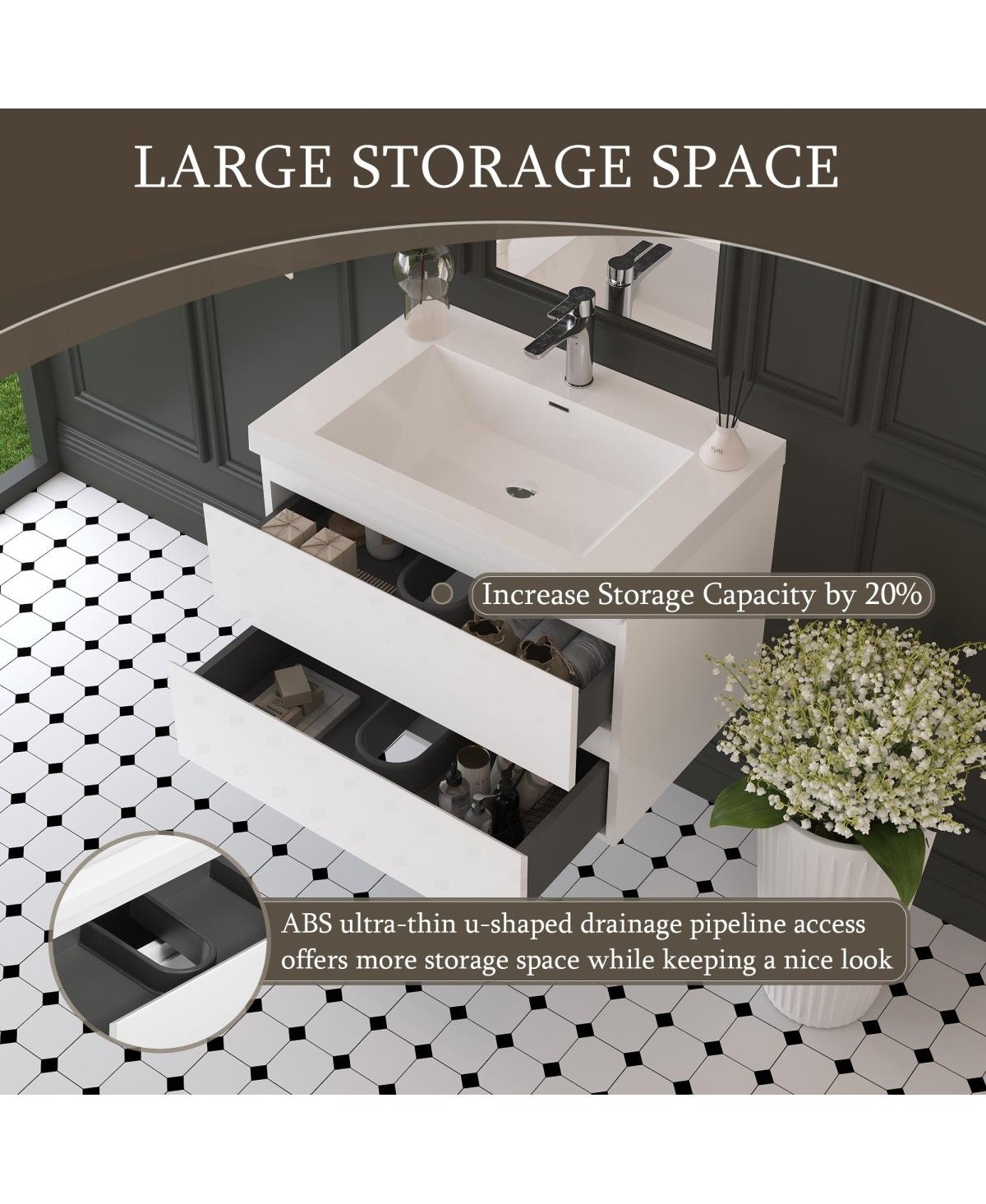 Sillysis Inch Glossy Wall Mounted Bathroom Vanity with Resin Sink and Soft Close Drawers