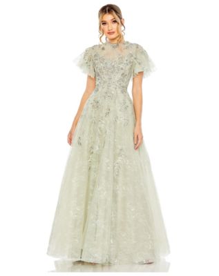 Women's Illusion Neck Beaded Lace Flutter Sleeve Ball Gown