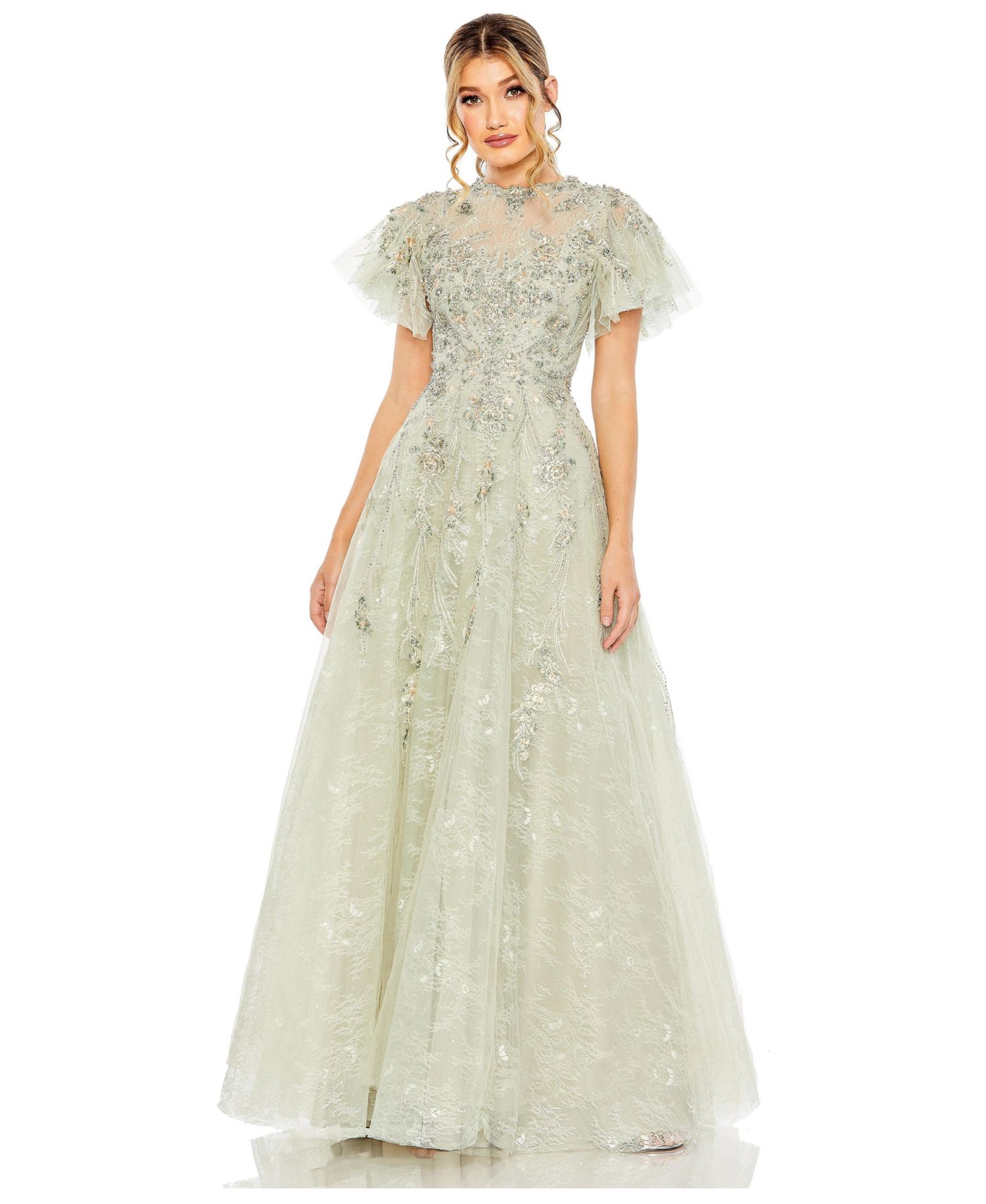 Women's Illusion Neck Beaded Lace Flutter Sleeve Ball Gown
