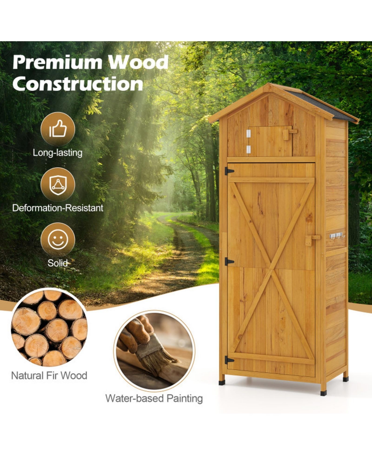 Gouun 70 in. Tall Fir Wood Garden Tool Storage Cabinet with Lockable Doors and Foldable Table