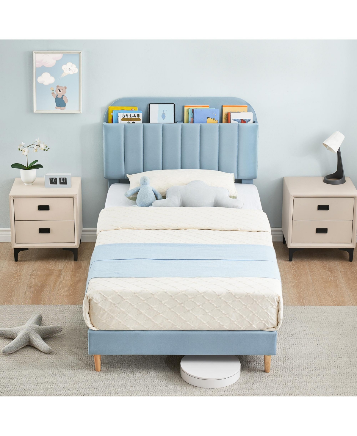 homfan Upholstered Bed Frame with Bookcase Headboard, Storage Cubbies and Wooden Slats Support
