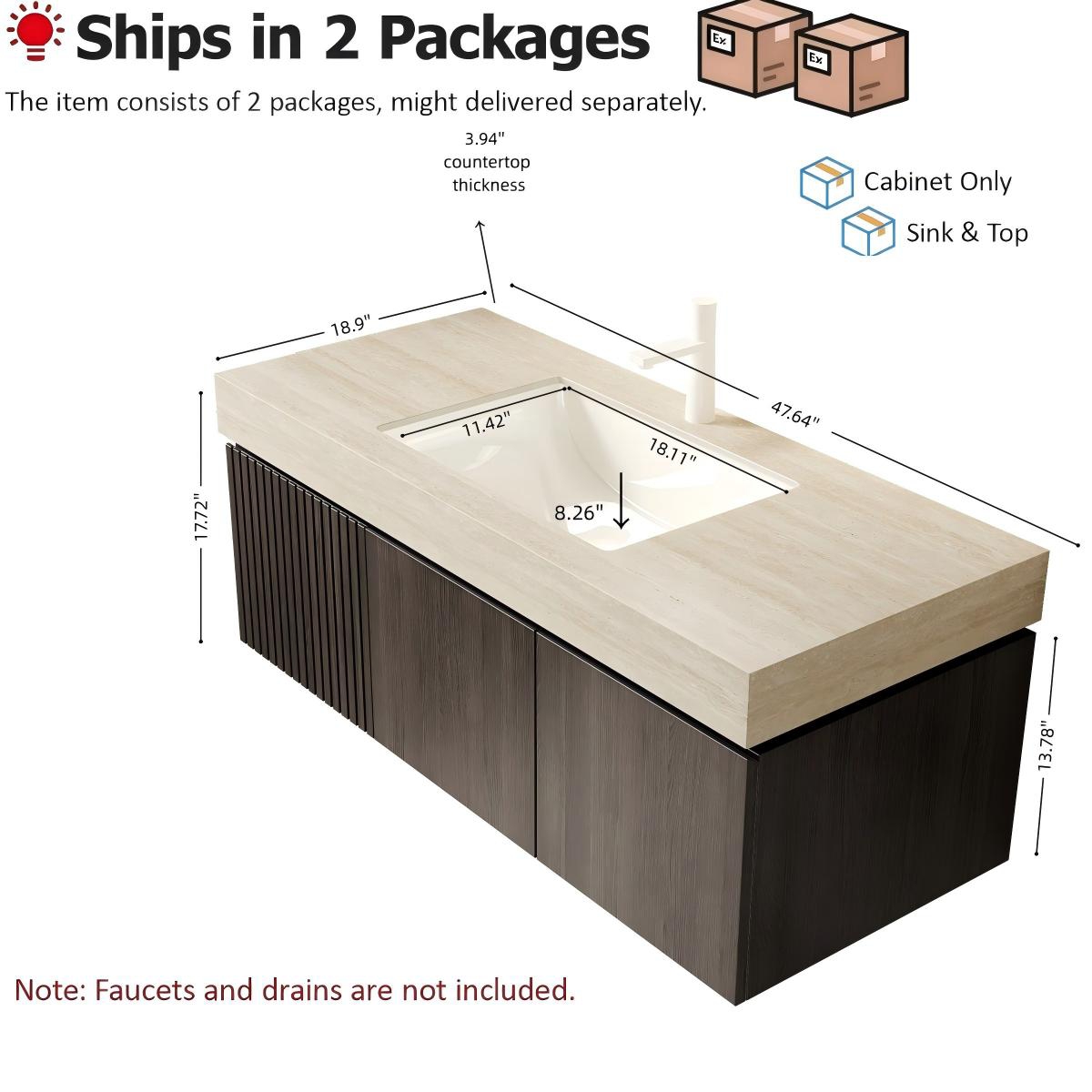 Sillysis Floating Bathroom Vanity with Roma Travertine Sintered Stone Top, Ceramic Sink, Soft Close Storage