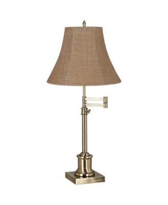 Traditional Swing Arm Desk Table Lamp Adjustable Height 36" Tall Antique Brass Burlap Bell Shade Living Room Bedroom