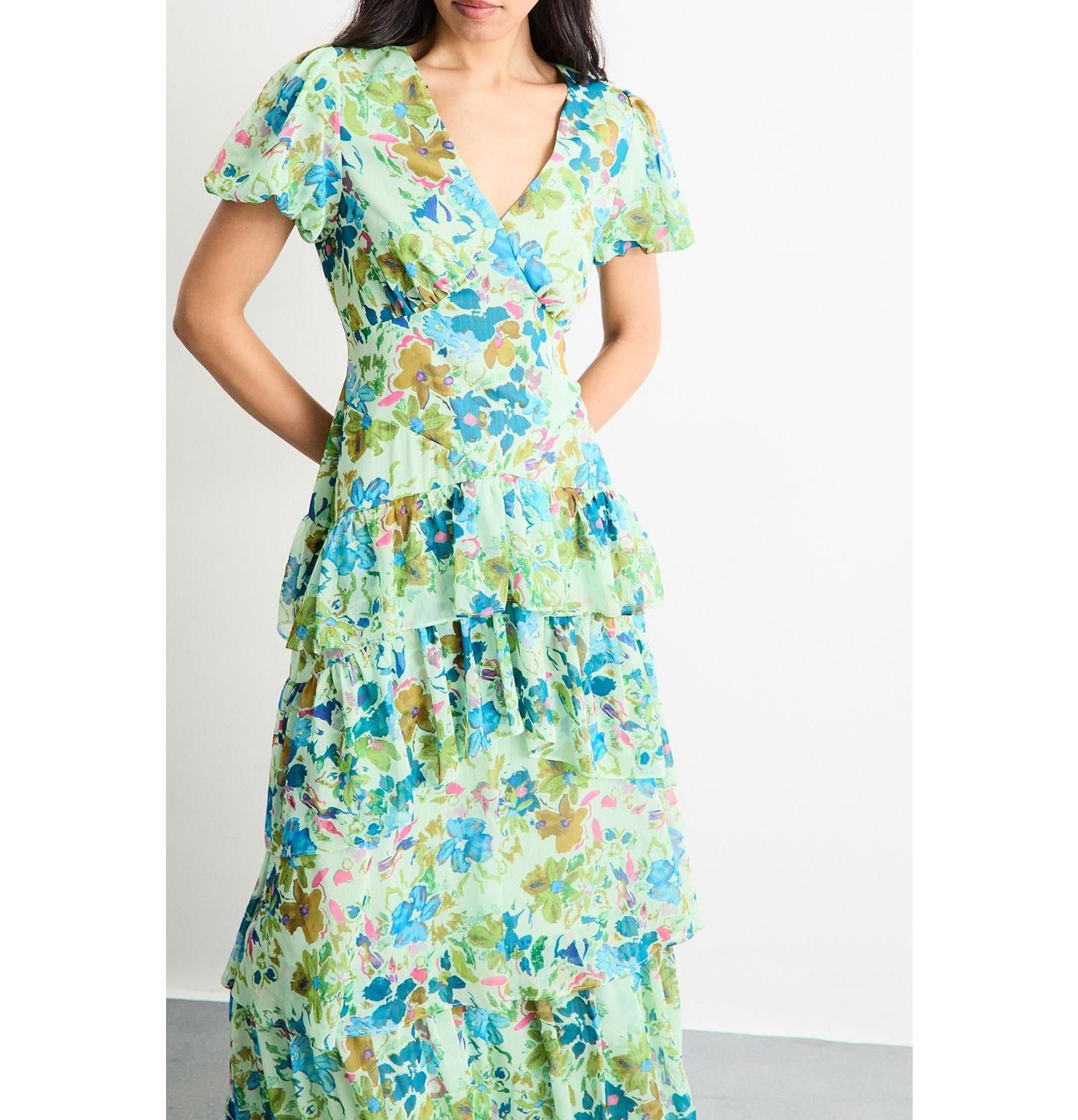 Women's Waist Puff Sleeve Tiered Midi Dress
