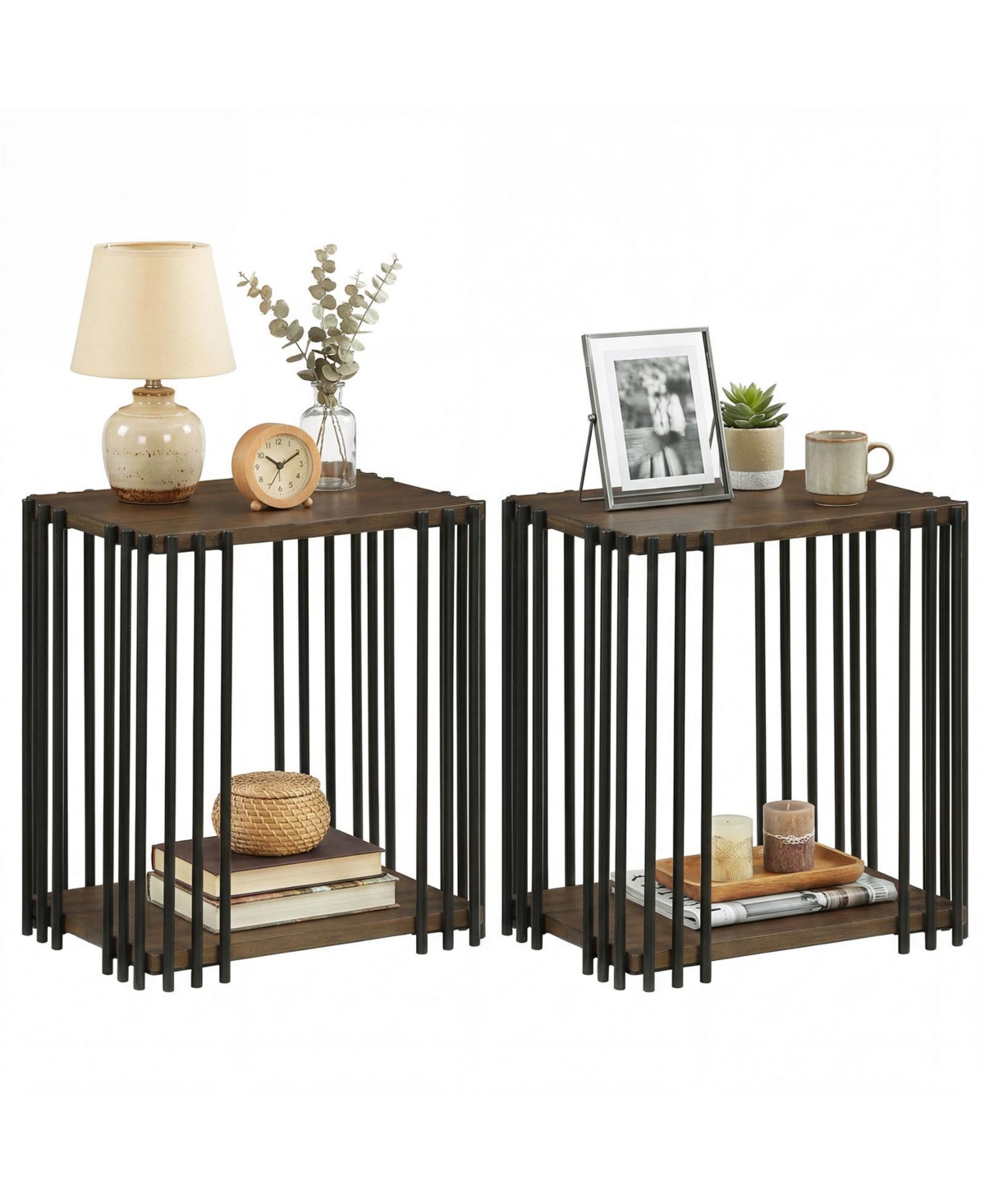 Slickblue 2 piece 2-Layer Storage Side Table with Rubber Wood Surface and Durable Metal Frame-Walnut