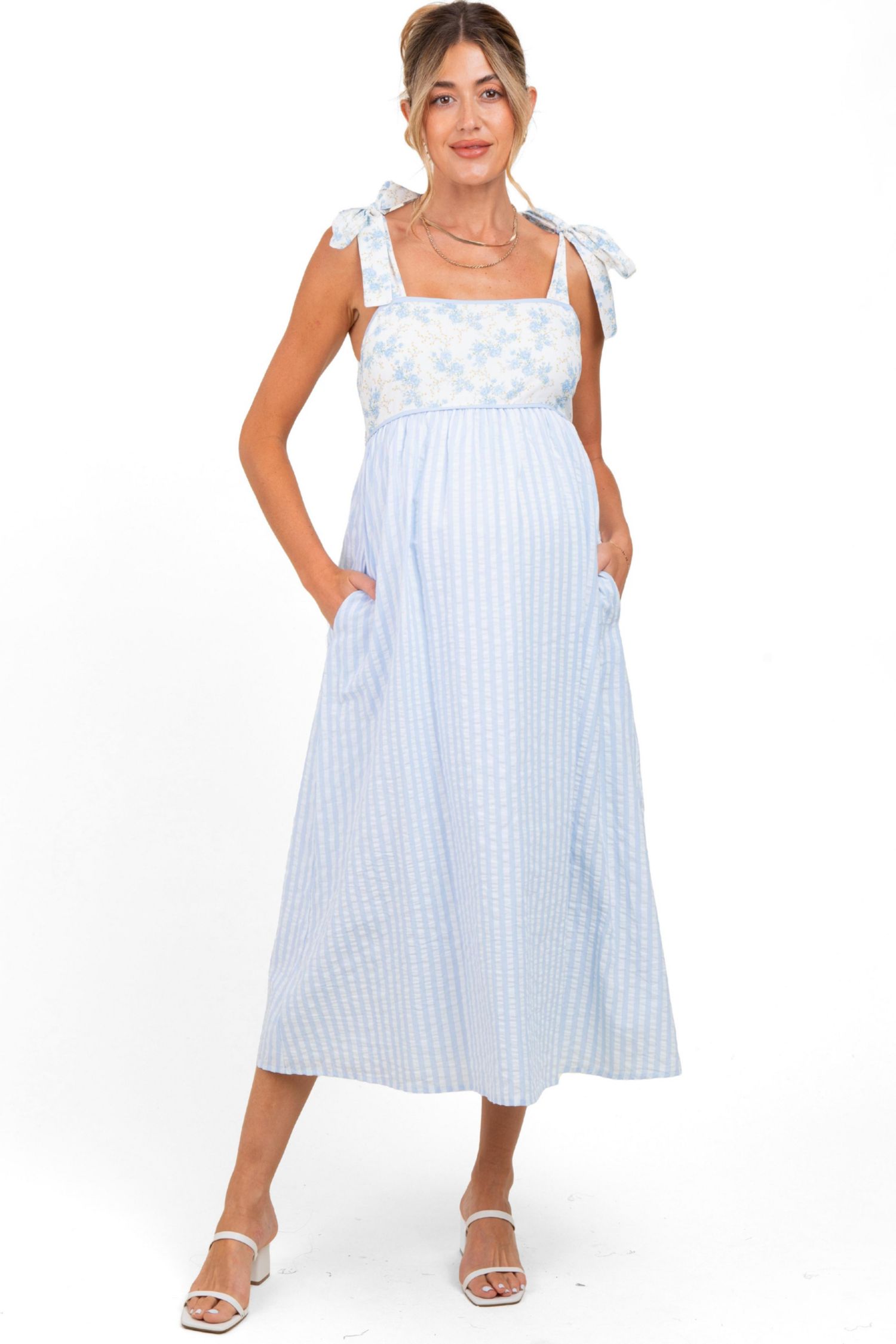 Women's Light Blue Floral Contrast Stripe Shoulder Tie Midi Dress