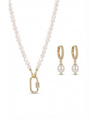 Freshwater Pearl Gold-Tone Layered Necklace And Pearl Huggie Earring Set