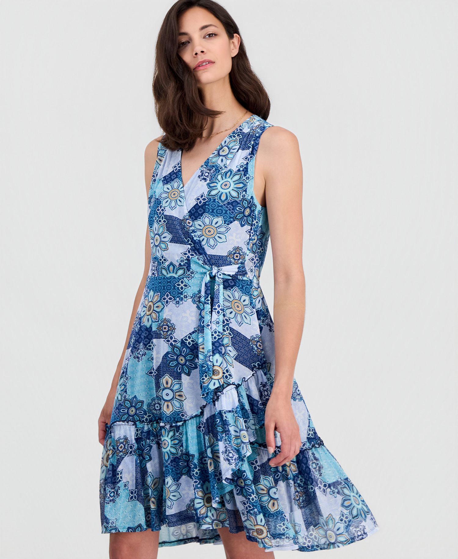 Robbie Bee Women's Printed Sleeveless Faux-Wrap Dress (Size: S-XL in Ivory/Navy)