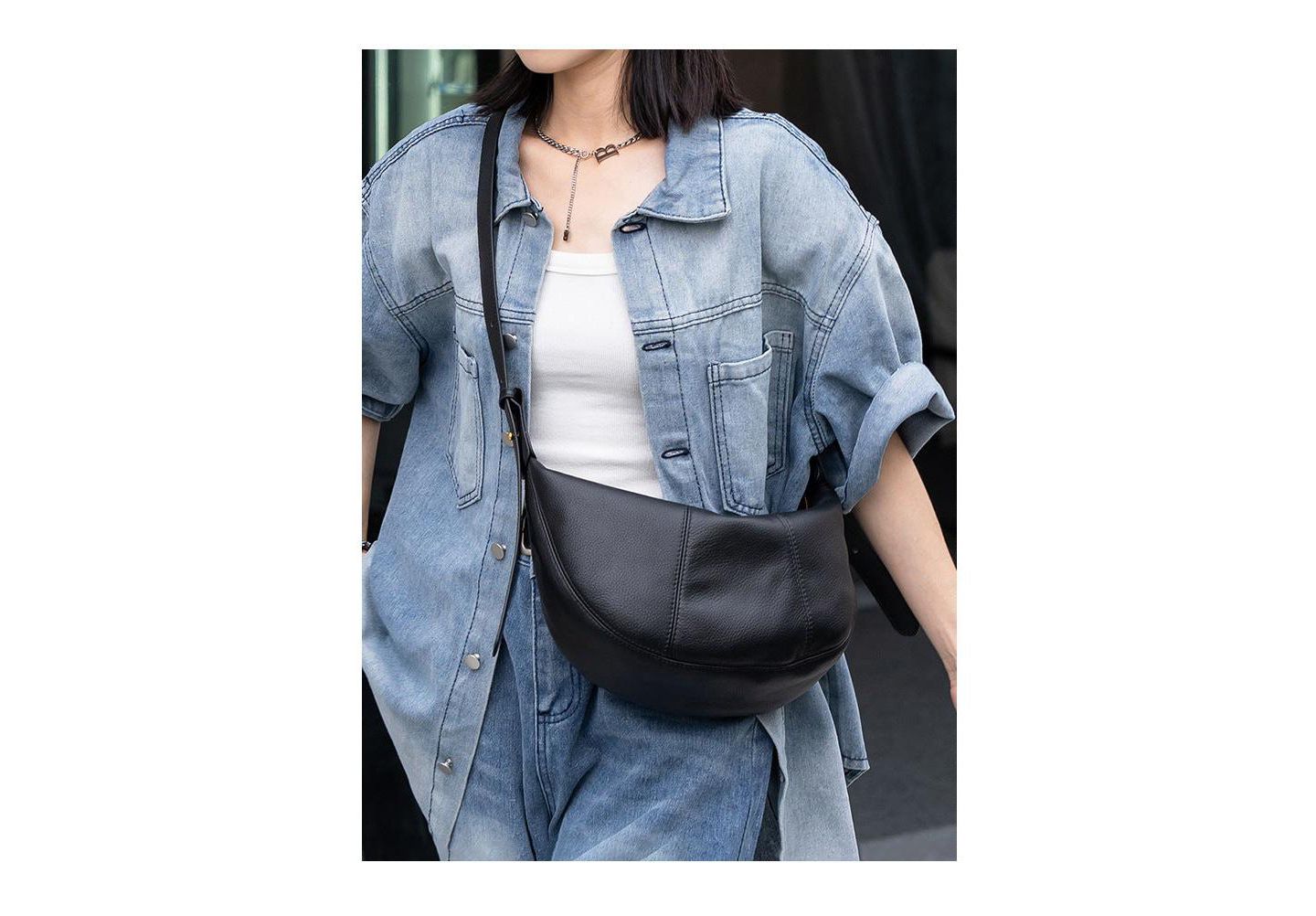 Женская сумка SUSU Vera Leather Crescent Bag Half-Moon Hobo Croissant Style Dumpling Shoulder Purse, цвет: Чёрный — фото 4
