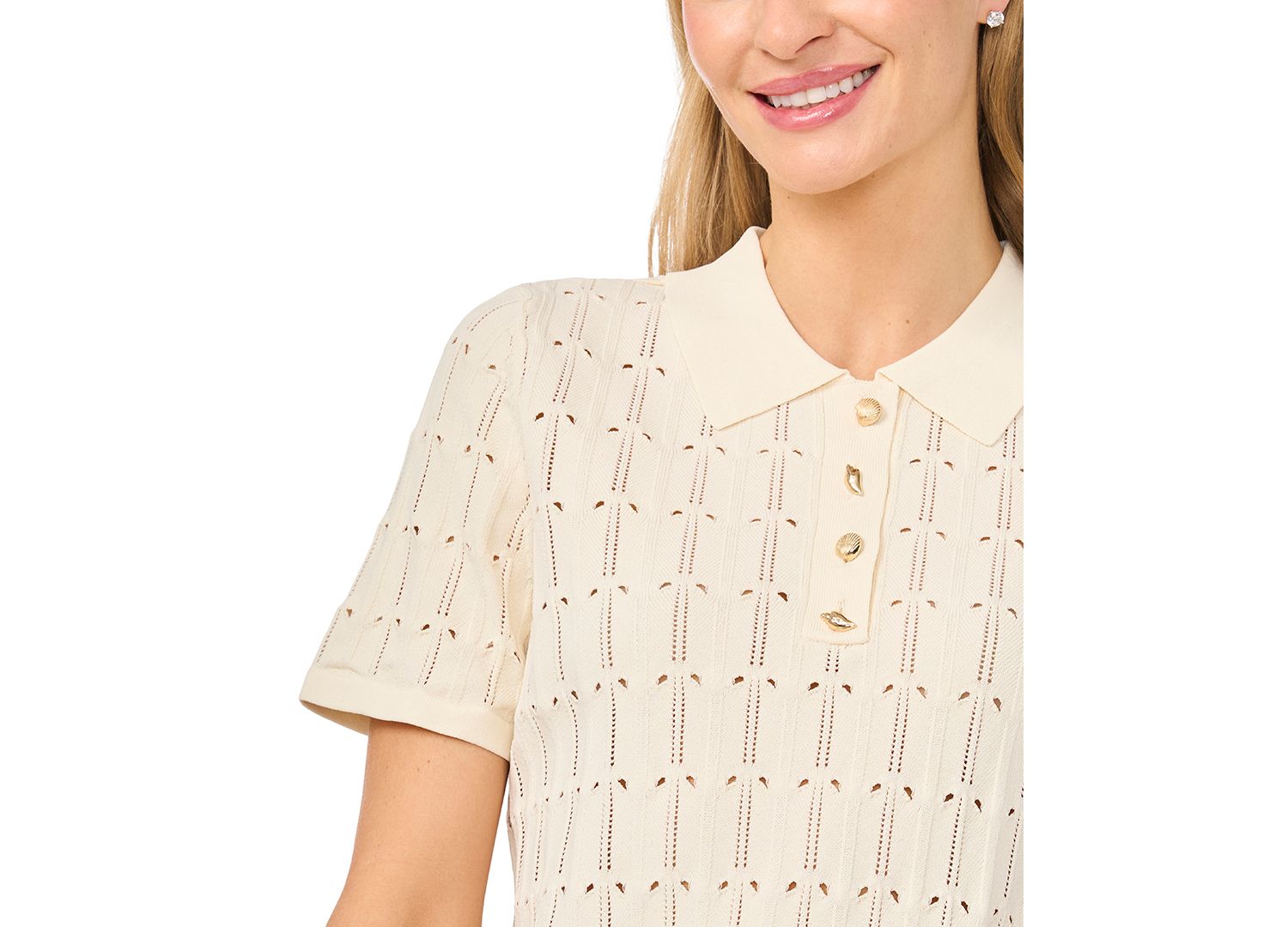 Women's Pointelle Short-Sleeve Collared Sweater