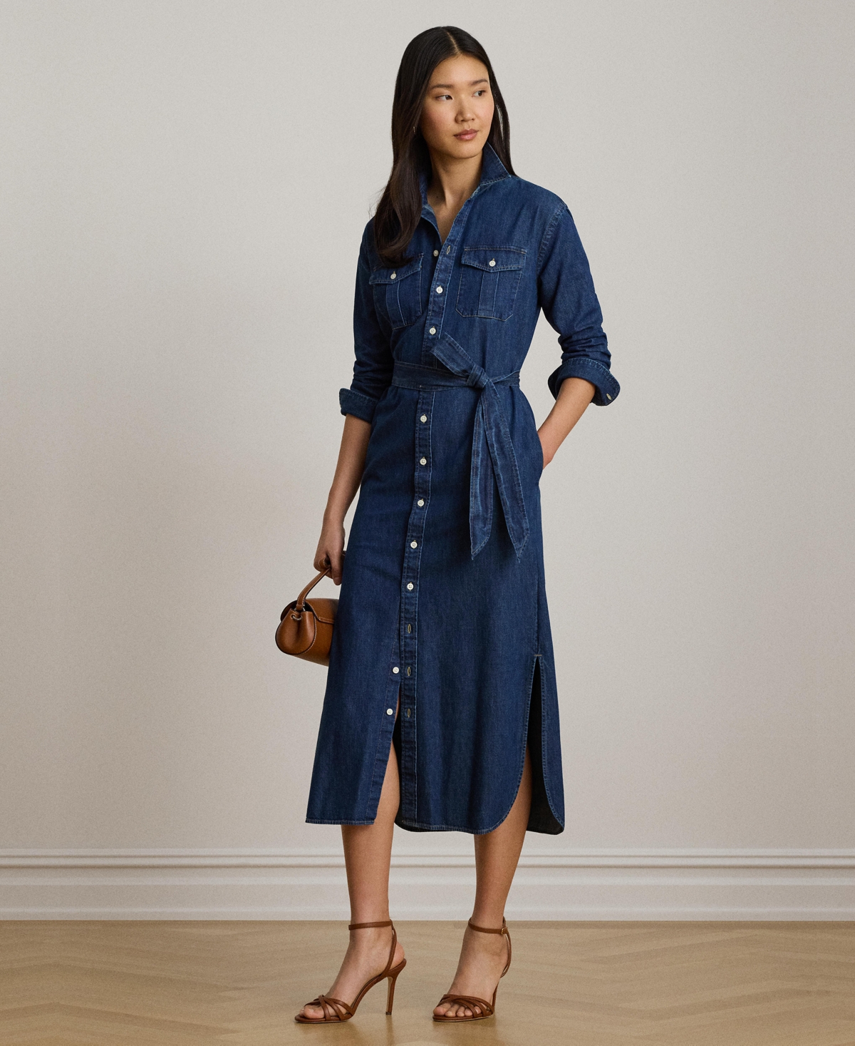 Lauren Ralph Lauren Women’s Collared Belted Denim Midi Shirt Dress – Harvest Wash