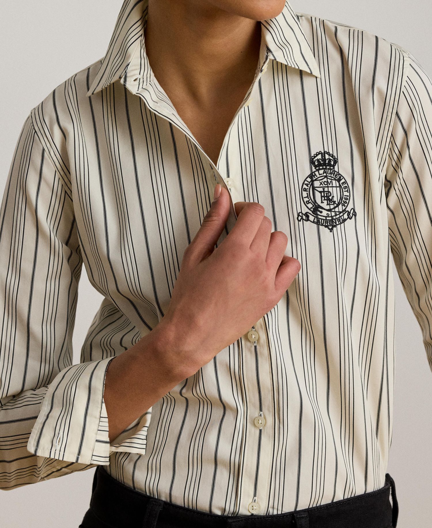 Petite Striped Collared Crest-Embroidered Shirt