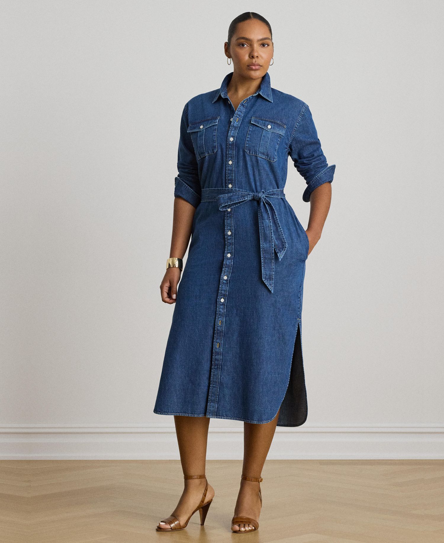 Women's Collared Belted Denim Midi Shirt-Dress