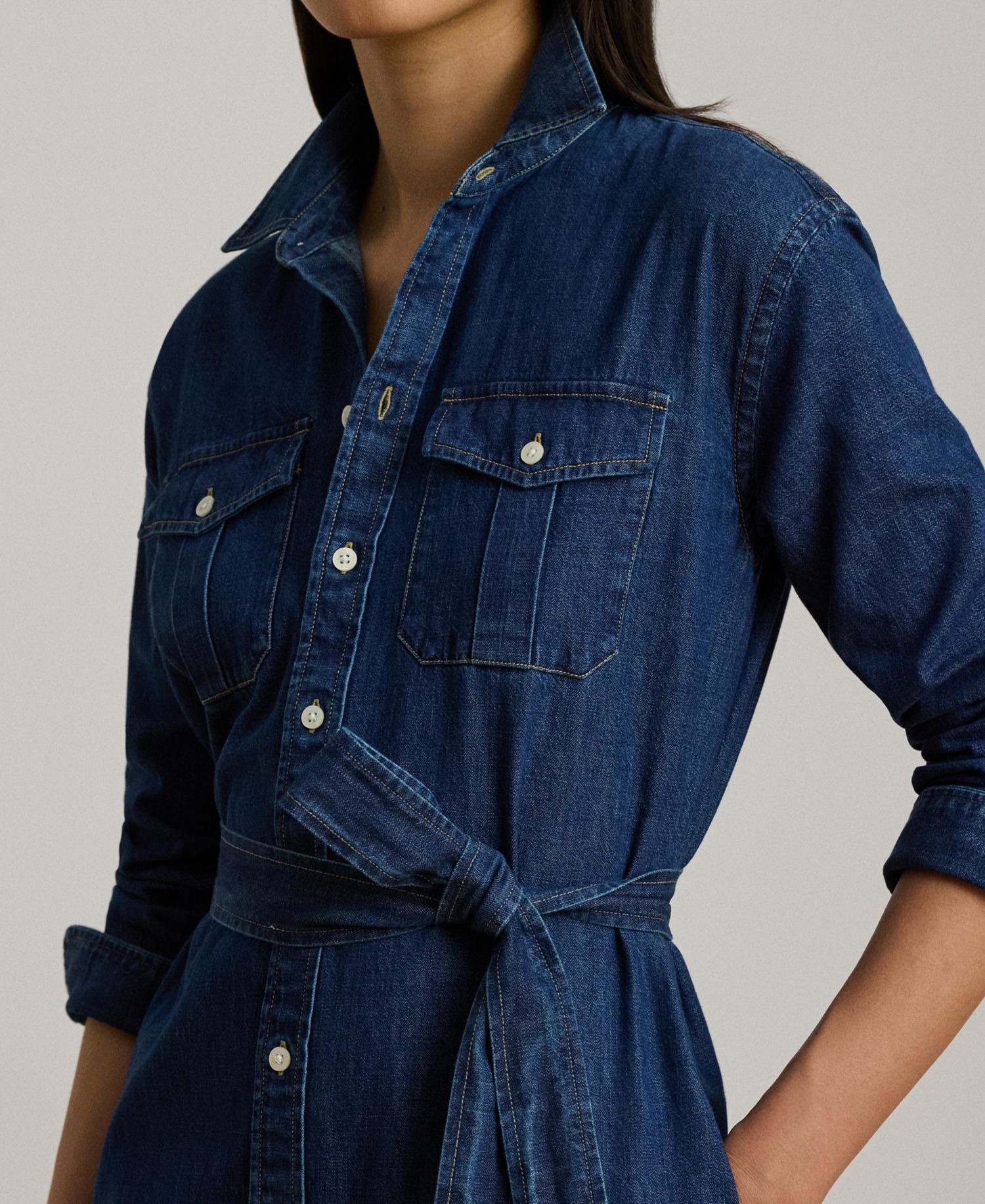 Women's Collared Belted Denim Midi Shirt-Dress