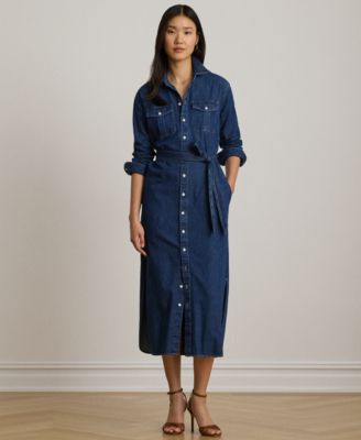 Petite Belted Collared Denim Midi Shirt-Dress