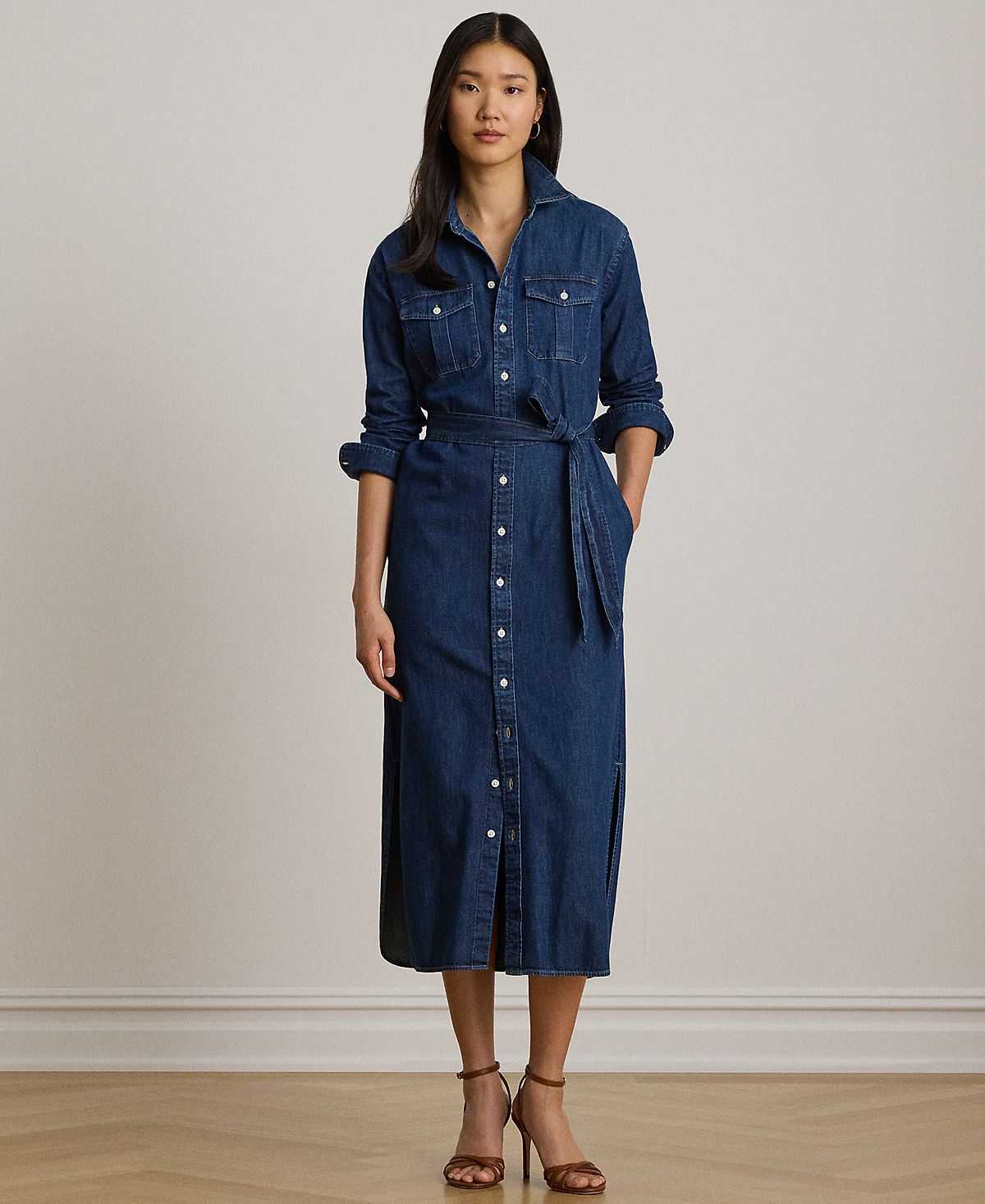 Lauren Ralph Lauren Women's Collared Belted Denim Midi Shirt-Dress view 1 — MAYCSS fashion products