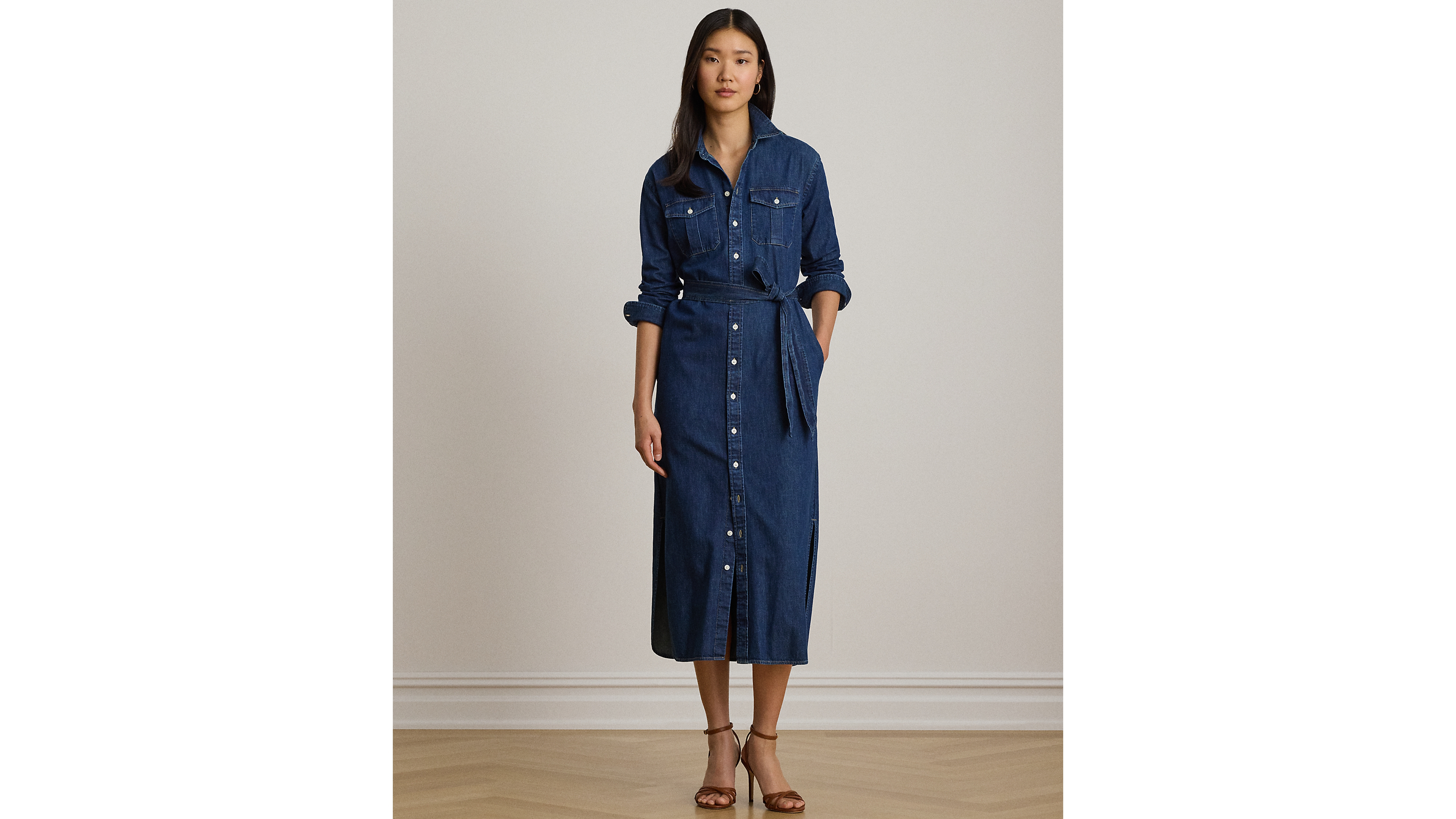Lauren Ralph Lauren Petite Belted Collared Denim Midi Shirt Dress