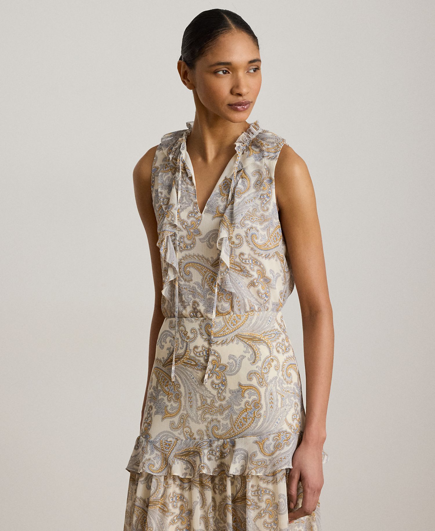 Petite Paisley Ruffle-Trim Sleeveless Blouse