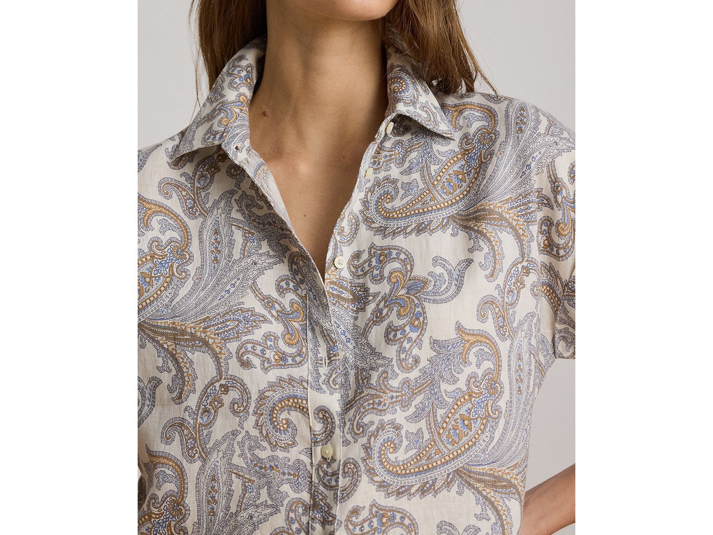Женская рубашка Lauren Ralph Lauren Buttoned Placket Short-Sleeve Shirt, цвет: Кремовый разноцветный — фото 2