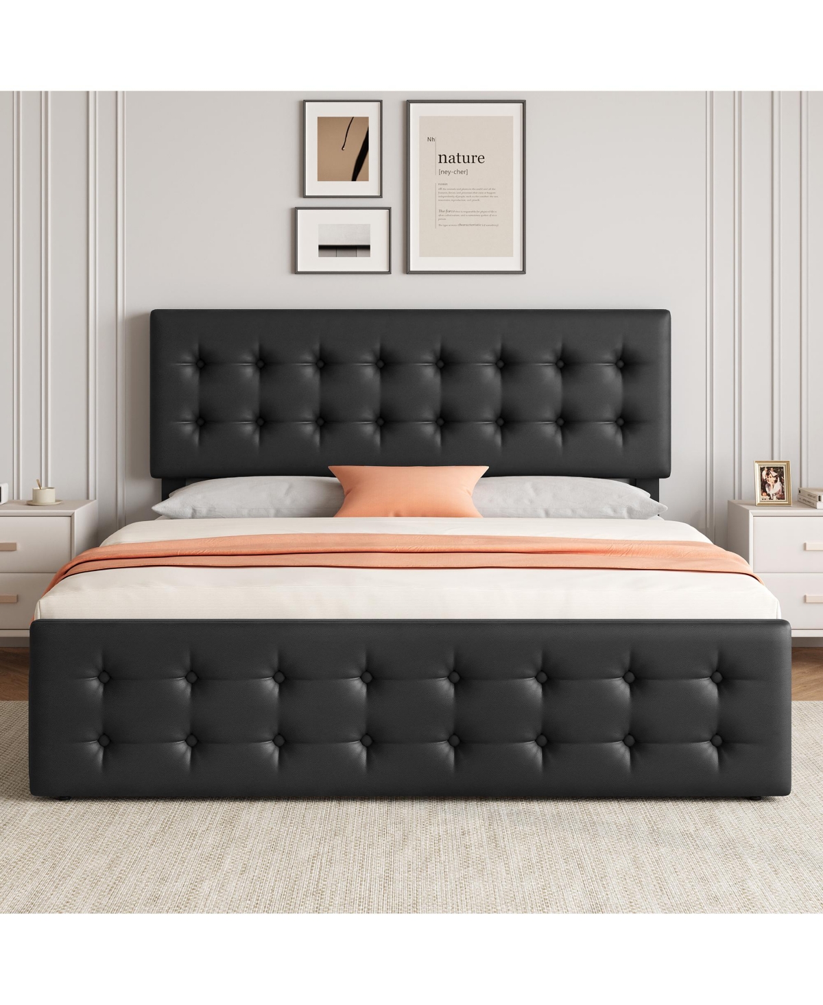 Homfan Upholstered Platform Bed Frame with 4 Storage Drawers, Button Tufted Headboard, Wooden Slats