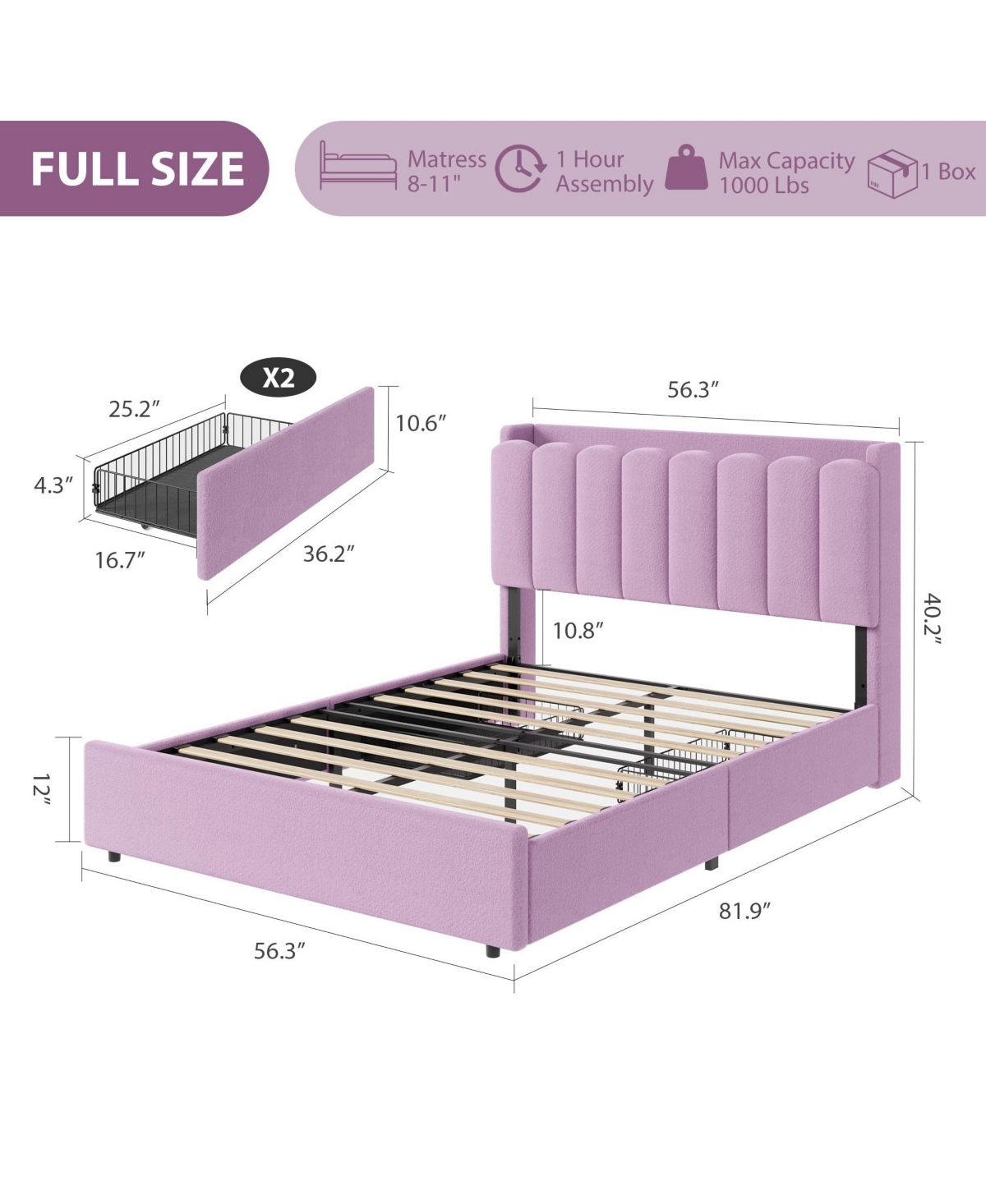 homfan Upholstered Platform Bed Frame with Led Storage Headboard and 2 Drawers