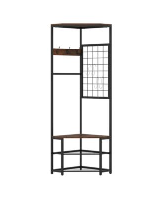 Freestanding Corner Hall Tree with Removable Hooks & Shelves