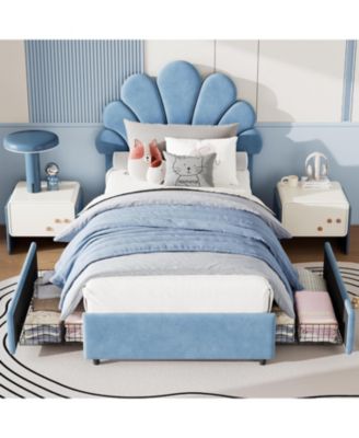 Twin Kids Bed Frame with 2 Storage Drawers, Velvet Upholstered Princess Headboard, Solid Wood Support