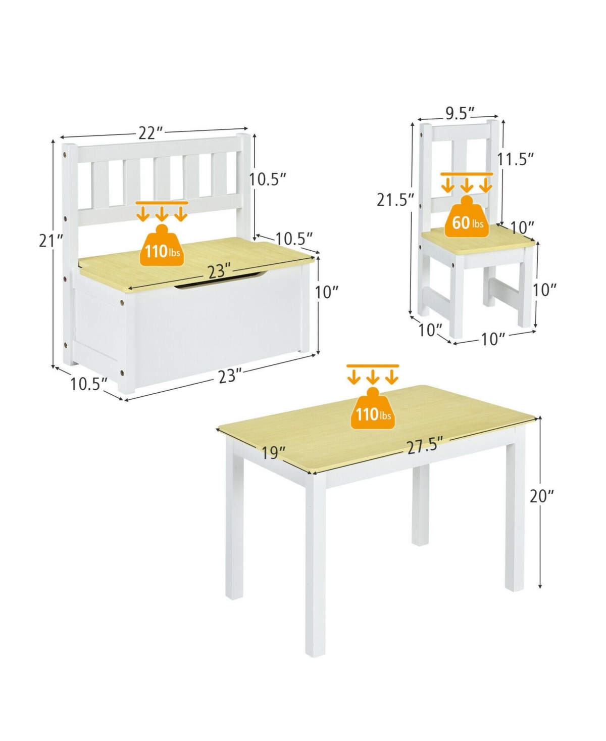 Slickblue Kids Wooden Table and Chairs Set 4 Piece with Study Desk