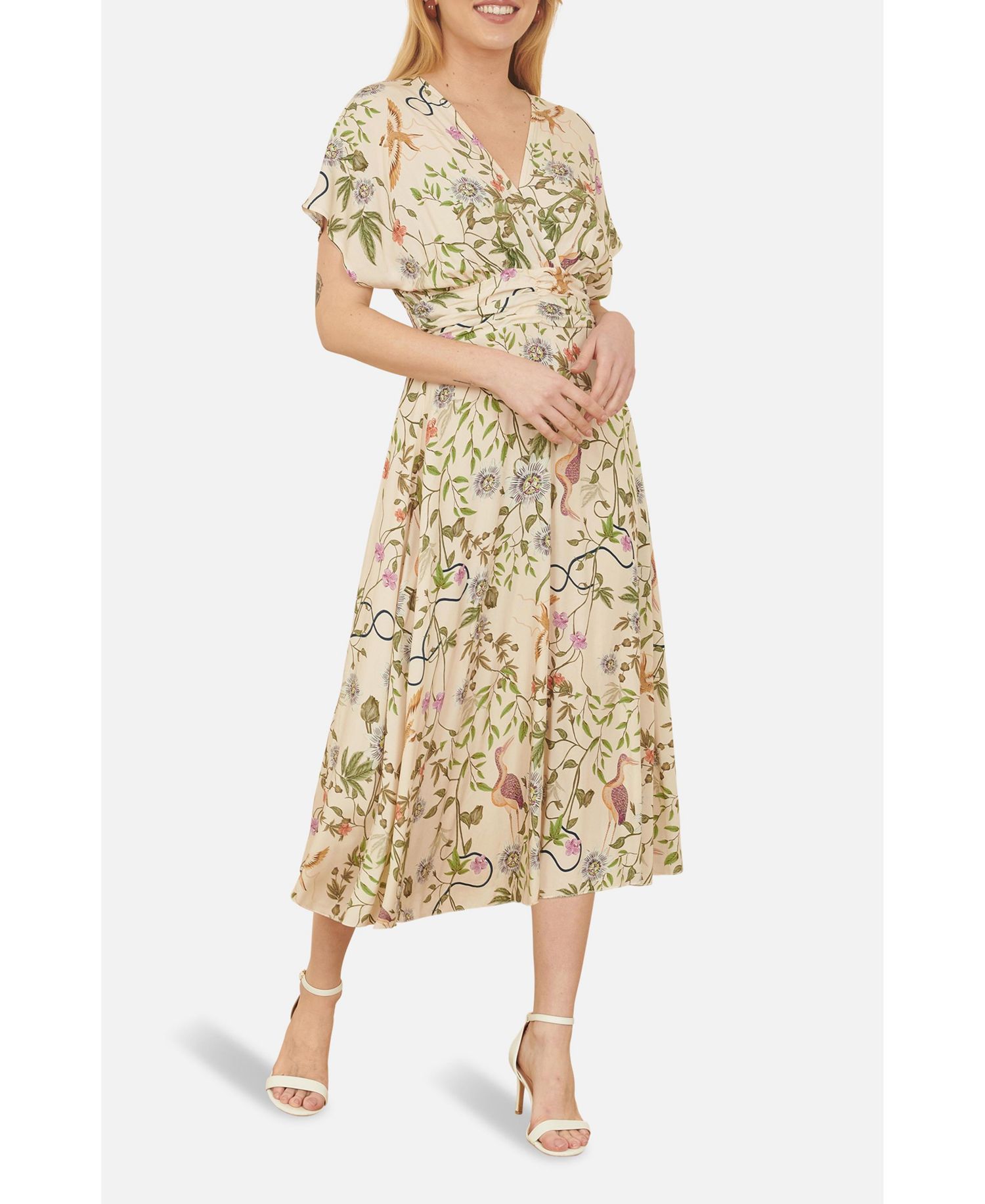 Women's Short Sleeve V-Neck Ruched Midi Dress