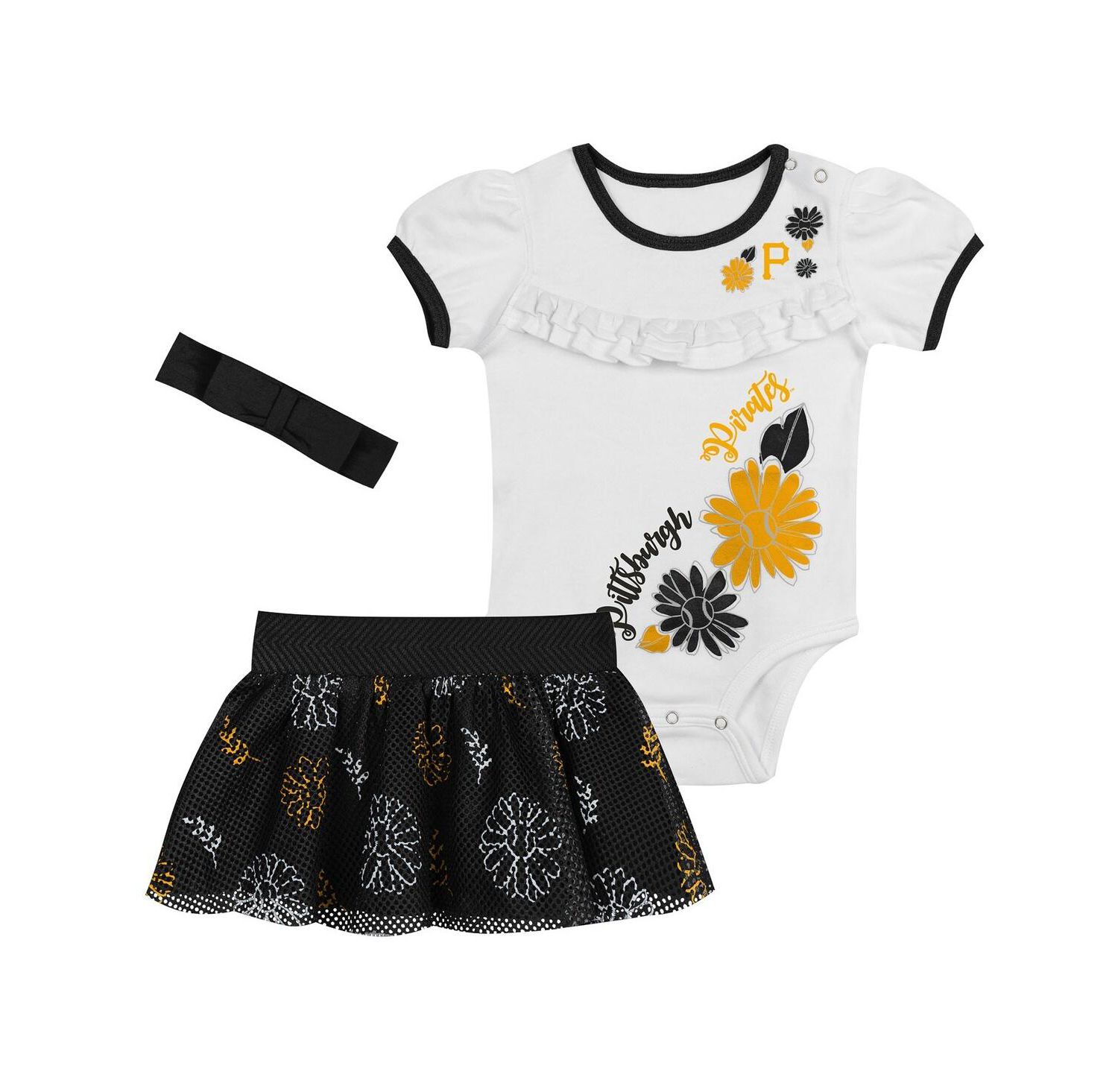 Baby Boys and Girls 3-Piece White/Black Pittsburgh Pirates Sweet Catcher Bodysuit, Headband and Skirt Set