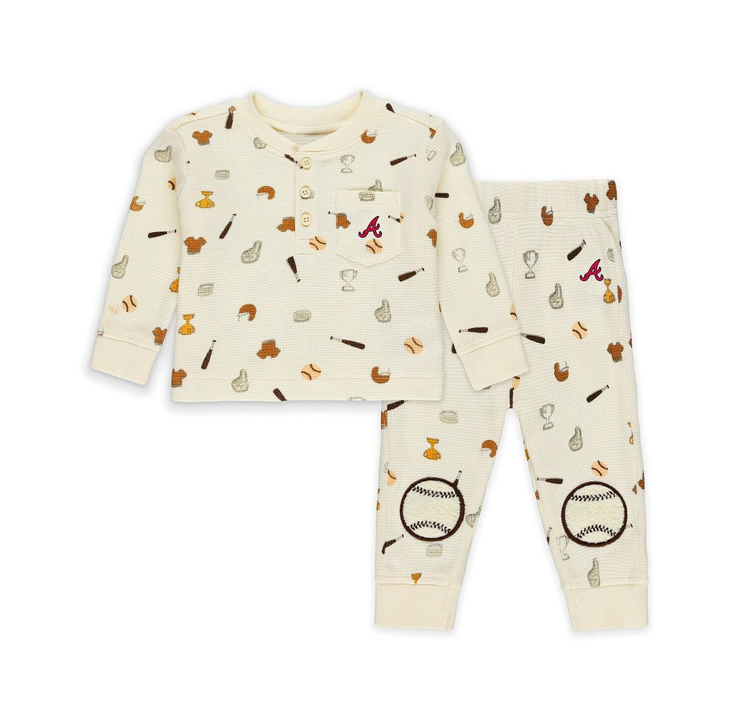 Baby Boys and Girls Cream Atlanta Braves Two-Piece Waffle-Knit Sleep Set